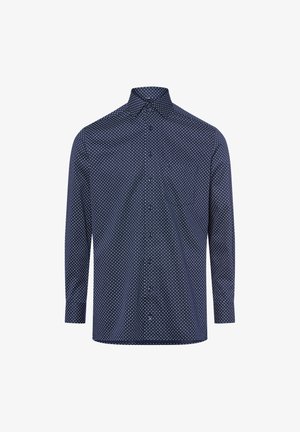 Marineblaues Hemd mit Knopfleiste und einem geometrischen weißen Punktmuster. Es hat einen Kentkragen und lange Ärmel. Hergestellt aus glattem Stoff.