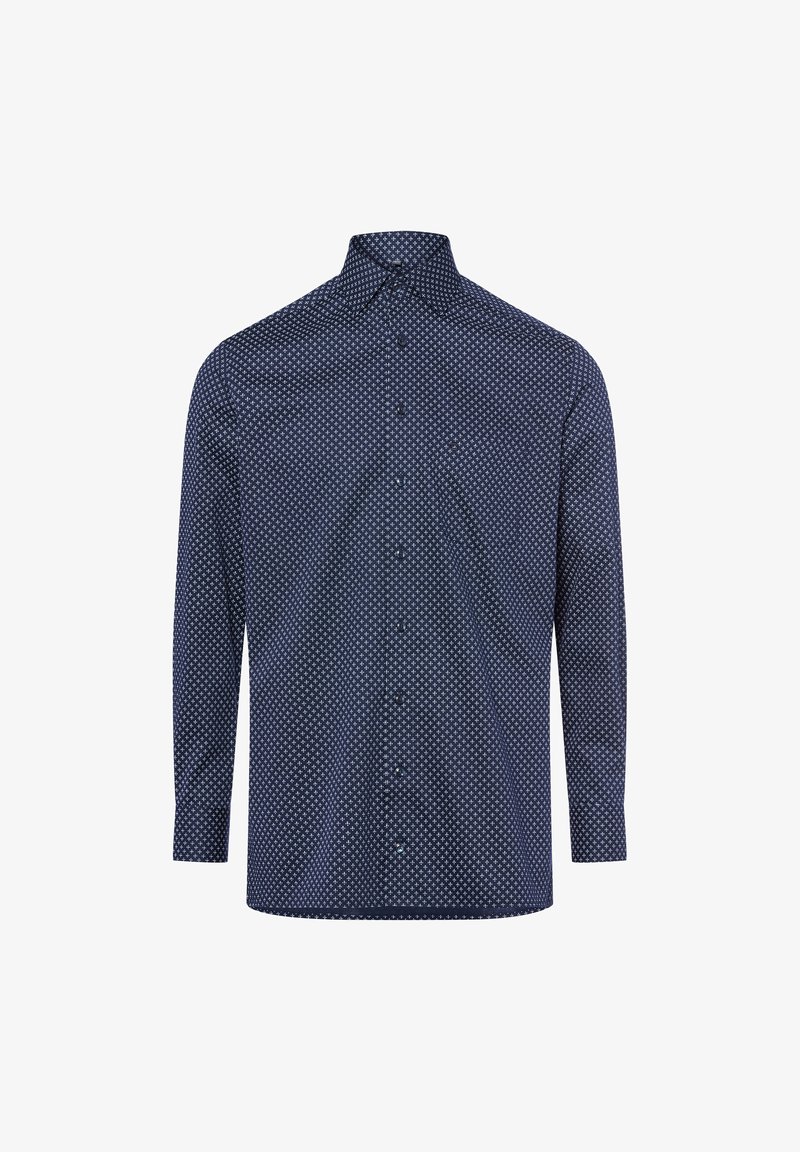 Camicia blu navy con un motivo geometrico a pois bianchi. Presenta un colletto a punta e maniche lunghe. Realizzata in tessuto liscio.