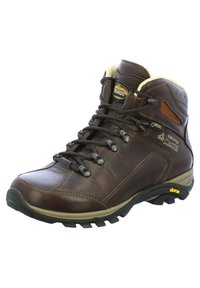 Braune Lederwanderschuhe mit hohem Knöchelschutz, Schnürdesign, verstärkter Zehenkappe und strukturiertem Gummisohle. Enthält Logo- und Stickdetails.