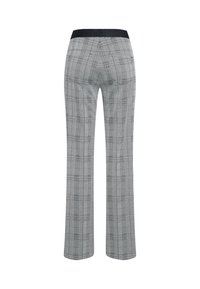 Gray plaid trousers with a straight leg design. Features a black waistband and a textured fabric with check patterns.