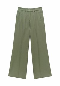 Wijdvallende broek in olijfgroen stof, met een recht voorpand, twee zijzakken en een gladde textuur voor een geklede uitstraling.