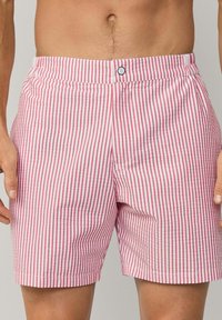 Rot-weiße gestreifte Shorts aus leichtem Stoff, mit Knopfverschluss und seitlichen Taschen. Maßgeschneiderte Passform mit flachem Bund.
