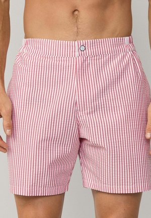 Rot-weiße gestreifte Shorts aus leichtem Stoff, mit Knopfverschluss und seitlichen Taschen. Maßgeschneiderte Passform mit flachem Bund.