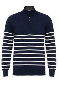 Marinelange pullovertrui met een kwart rits, voorzien van horizontale witte strepen en geribde manchetten en onderzoom. Gemaakt van zacht breimateriaal.