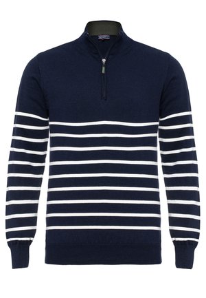 Pullover marina con collo a zip a quarti, caratterizzato da strisce orizzontali bianche e polsini e orlo a coste. Realizzato in morbido tessuto lavorato a maglia.