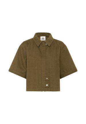 Short-sleeve, collared khaki green jacket made from sturdy fabric, featuring a button closure and two front pockets.