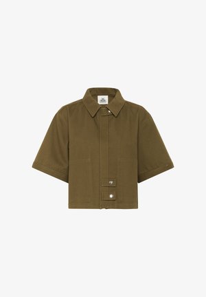 Short-sleeve, collared khaki green jacket made from sturdy fabric, featuring a button closure and two front pockets.