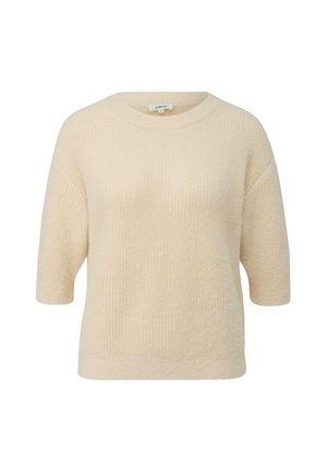 Cremfarbener, gestrickter Pullover mit kurzen, weiten Ärmeln und rundem Ausschnitt. Texturiertes Material mit einem Rippmuster.