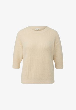 Crème-kleurige, gebreide trui met korte, brede mouwen en een ronde halslijn. Geweven stof met een ribbelpatroon door het geheel.