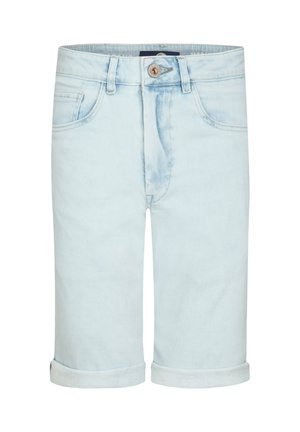 Lichtblauwe spijkershorts met opgerolde zomen, knoopsluiting aan de voorkant, riemlussen en voorzakken.