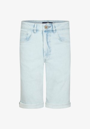 Vaaleansiniset farkkushortsit, joissa on käännetyt lahkeet, edessä nappikiinnitys, vyölenkit ja etutaskut.