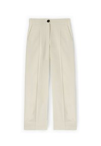Pantaloni beige con design a gamba dritta, dotati di due tasche laterali, un singolo bottone nero e un delicato plissè frontale.