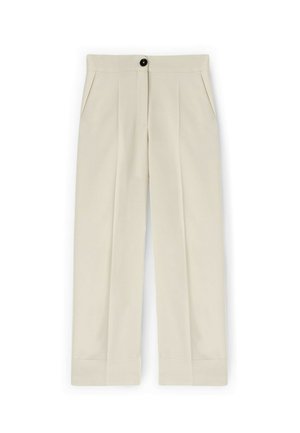 Pantaloni beige con design a gamba dritta, dotati di due tasche laterali, un singolo bottone nero e un delicato plissè frontale.