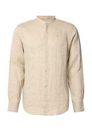 Camicia in lino a maniche lunghe di colore beige, con colletto a banda, chiusura frontale con bottoni e un tessuto leggermente strutturato per un aspetto casual.