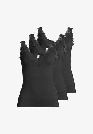 Tre canotte nere con dettagli in pizzo sul colletto a V. Il tessuto sembra liscio ed elasticizzato, progettato per comfort e facilità d'uso.