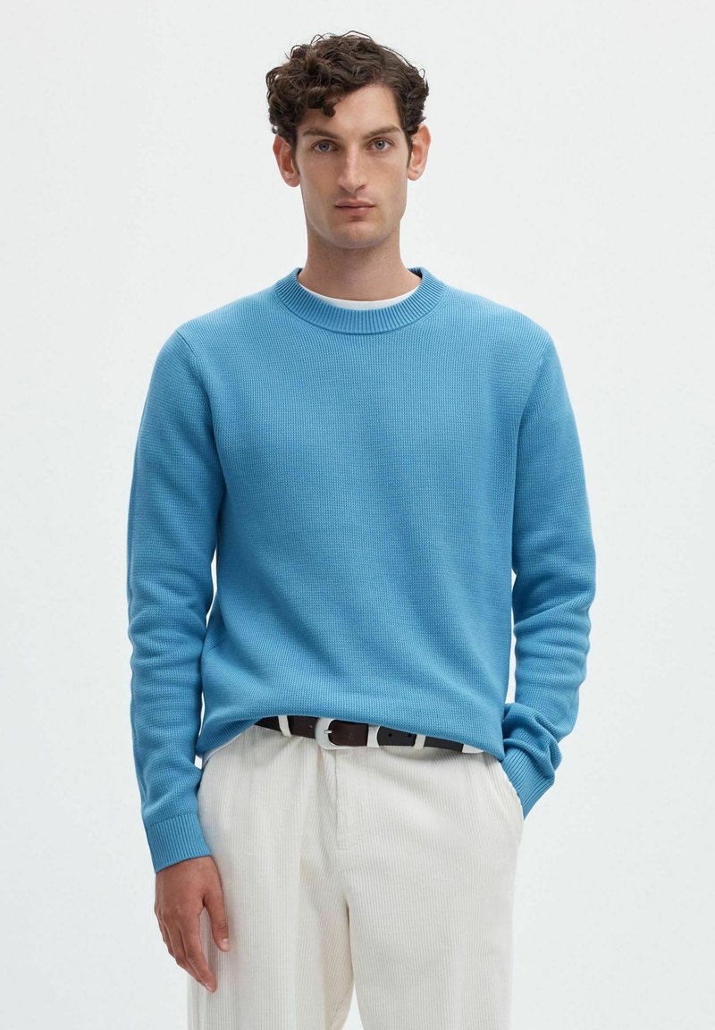 Homme aux cheveux bruns bouclés portant un pull bleu vif et un pantalon blanc avec une ceinture foncée, debout une main dans la poche sur fond blanc.