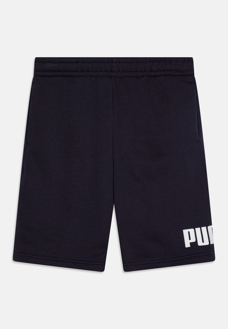 Shorturi de culoare albastru închis dintr-un material moale, dotate cu un brâu elastic și un logo alb proeminent pe piciorul stâng. Fără buzunare vizibile.