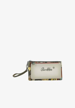 Clutch da polso rettangolare con motivo astratto multicolore, tasca frontale beige, logo "Anekke" argento e chiusure con zip sulla parte superiore e sulla tasca frontale.