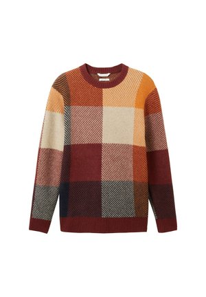 Sweter dzianinowy z wielokolorowym wzorem w kratkę w kolorze burgundowym, pomarańczowym, kremowym i granatowym. Prążkowany kołnierz i mankiety, luźny krój.