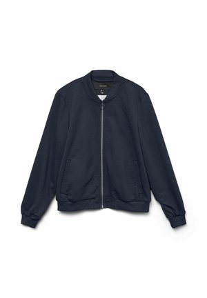 Veste bomber bleu marine avec fermeture éclair avant, col, poignets et ourlet côtelés, ainsi que deux poches latérales.