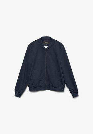 Veste bomber bleu marine avec fermeture éclair avant, col, poignets et ourlet côtelés, ainsi que deux poches latérales.