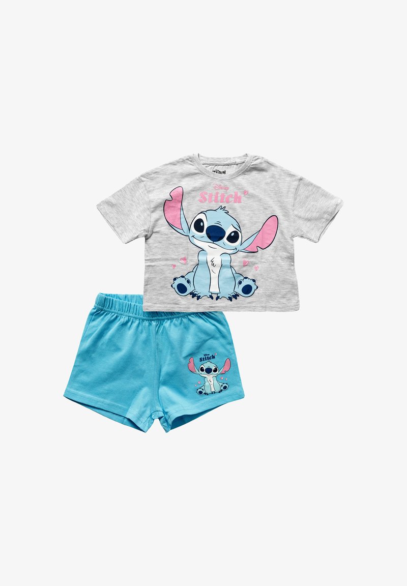 Set di abbigliamento per bambini composto da due pezzi, con maglietta grigia a maniche corte e pantaloni corti blu, entrambi decorati con un personaggio dei cartoni animati seduto, dotato di orecchie rosa e cuori.