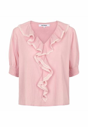 Roza kratka majica s kratkimi rokavi z volančastim V-izrezom ovratnika in sprednjim delom, z elastičnimi manšetami in nežnimi detajli iz čipke.