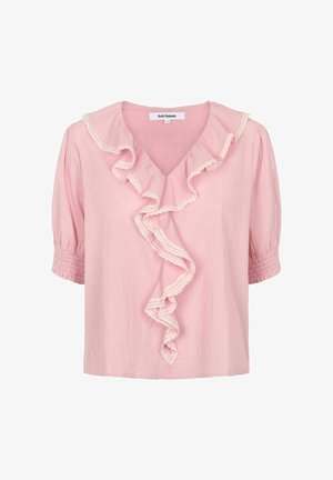 Roza kratka majica s kratkimi rokavi z volančastim V-izrezom ovratnika in sprednjim delom, z elastičnimi manšetami in nežnimi detajli iz čipke.