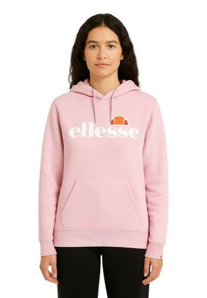 Sweat à capuche rose clair en tissu doux, doté d'une poche kangourou avant, d'une capuche avec cordon de serrage et d'un logo "ellesse" blanc avec un accent coloré.