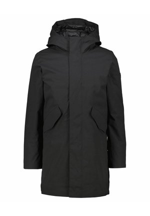 Zwarte buitenjas met capuchon, met een rechte snit, twee zijzakken en een gladde, matte textuur. Geen zichtbare sluitingen of patronen.