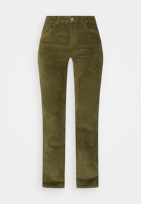 Olivengroene corduroy rechte broek met zijzakken, ceintuurlussen en een sluiting met een knoop aan de voorkant.