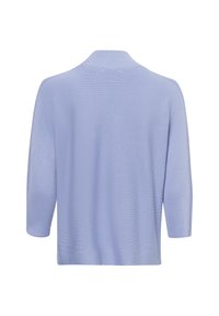 Hellblauer gestrickter Pullover mit 3/4-Längenärmeln, Rundhalsausschnitt und weicher Textur. Verfügt über ein schlichtes Design ohne sichtbare Muster oder Akzente.