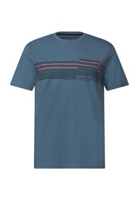 Blauwe katoenen t-shirt met horizontale strepen in roze en zwart over de borst, met tekst, een ronde hals en korte mouwen.