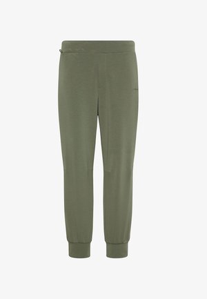 Zielone spodnie dresowe wykonane z miękkiego materiału, z elastycznym pasem, zwężanymi nogawkami i bocznymi kieszeniami dla funkcjonalności.