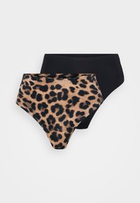 High-waisted bikini briefs pack featuring one black pair and one with a leopard print design on a beige background. Smooth texture.
