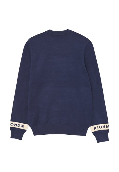 Maglione blu navy con collo a giro, polsini a coste e accenti crema a contrasto che presentano il testo "RICHMOND" e "ROND."
