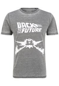 Harmaa puuvillainen t-paita, jossa on valkoinen graafinen printti "Back to the Future" ja DeLorean-suunnittelu salama-muotoiluineen.