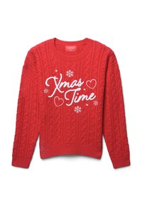 Czerwony sweter z splotem w warkocze, z okrągłym dekoltem, z białym haftowanym napisem "Xmas Time", motywami serc i płatków śniegu. Dzianina maszynowa.