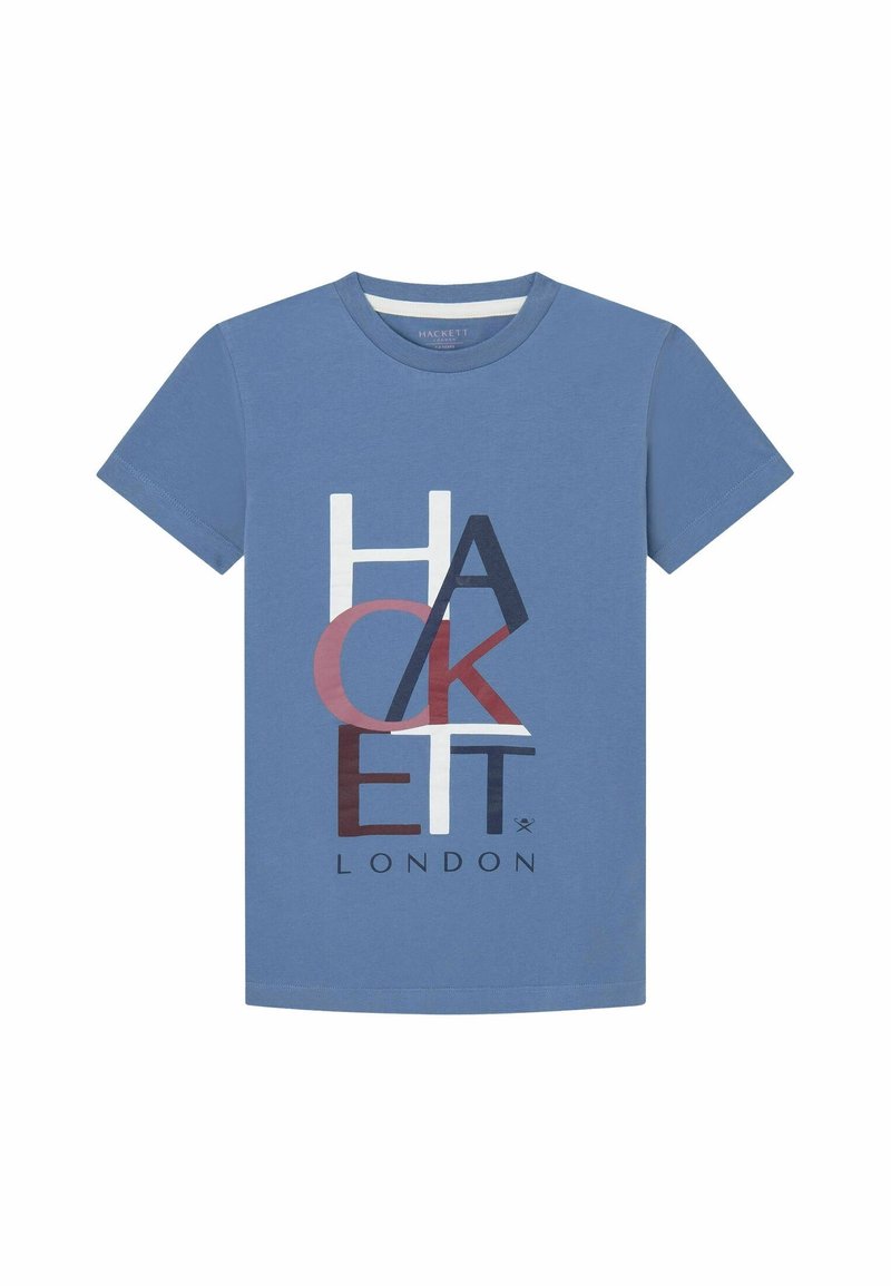 Modrá bavlněná tričko s krátkým rukávem s potiskem "HACKETT LONDON" v multicolor geometrických písmenech. Design s kulatým výstřihem.