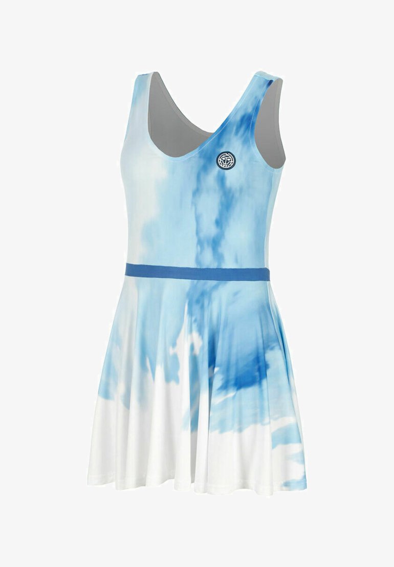 Ärmelloses Kleid mit einem blau-weißen Batikmuster, aus leichtem Stoff gefertigt, mit einem taillierten Oberteil und einem ausgestellten Rock.