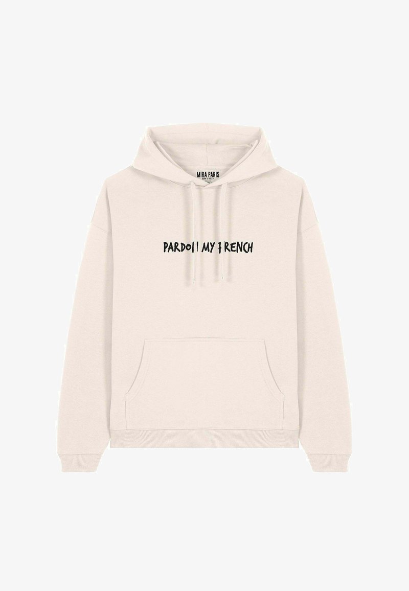 Hoodie crème avec une poche kangourou, capuche à cordon de serrage et texte noir "PARD0II MY FRENCH" sur le devant. Fini en tissu doux.