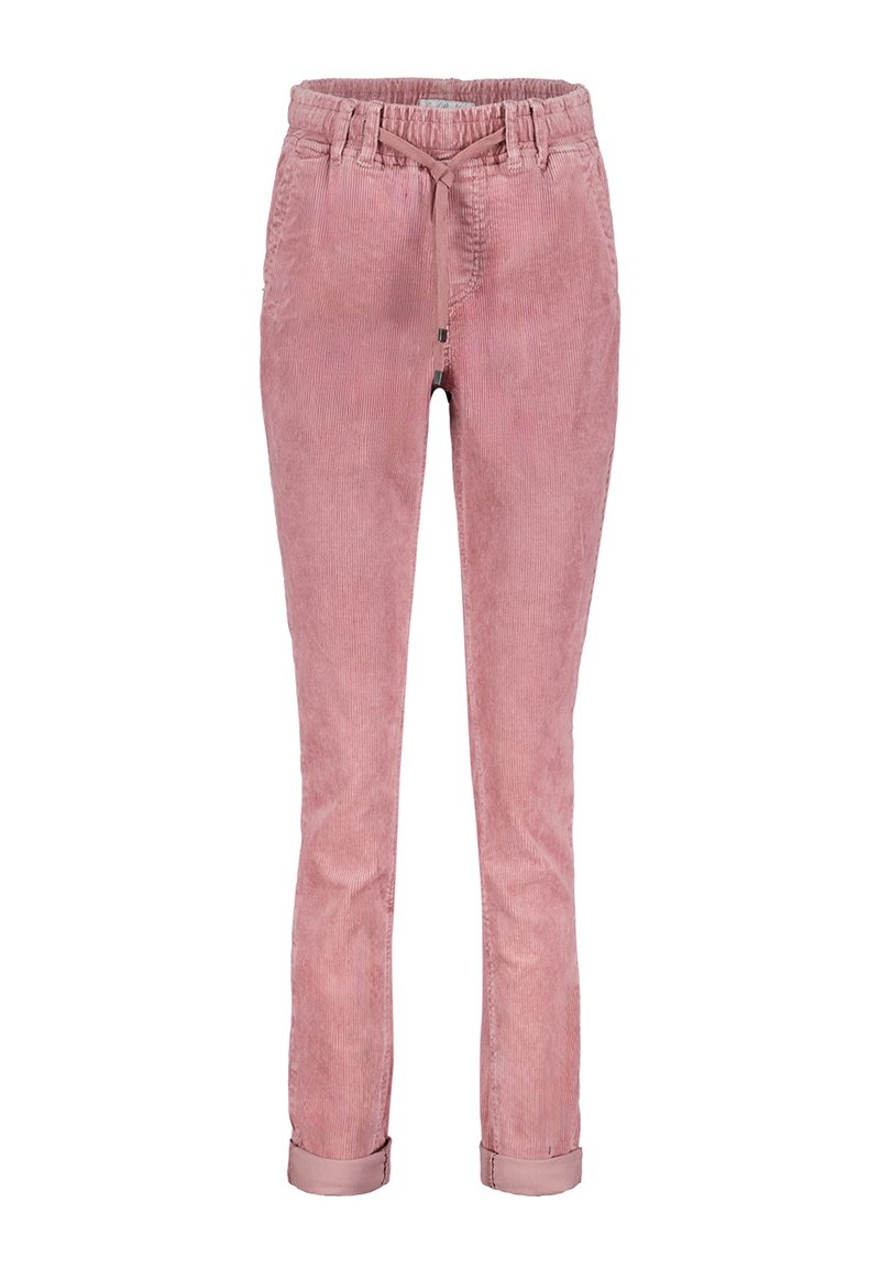 Lette pink corduroy bukser med tapered fit, elastisk talje og justerbar snor. Har opkrøllede manchetter og lodrette ribbede tekstur.