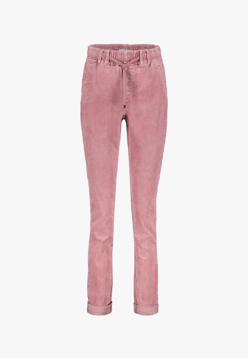 Lette pink corduroy bukser med tapered fit, elastisk talje og justerbar snor. Har opkrøllede manchetter og lodrette ribbede tekstur.