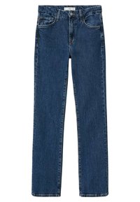 Jeans de denim azul con un diseño de pierna recta, cinco bolsillos y detalles de costura sutiles. La tela tiene una textura suave y un acabado de lavado medio.