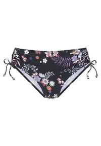 Schwarze Bikinis mit floralen Mustern in Lila, Pink und Weiß. Verf�ügt über seitliche Bänder mit goldenen Akzenten und Raffung.