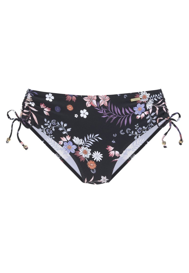 Schwarze Bikinis mit floralen Mustern in Lila, Pink und Weiß. Verfügt über seitliche Bänder mit goldenen Akzenten und Raffung.