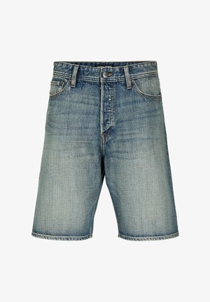 Férfi közép kék farmer rövidnadrág öt zsebbel, gombos záródással, övöltőkkel és enyhe kopott hatással.