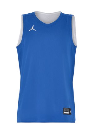 Niebieska koszulkа do koszykówki bez rękawów z białą podszewką, małe białe logo Jumpman na prawej piersi oraz metka z rozmiarem na dole po lewej stronie.