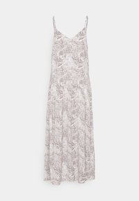 Robe maxi de couleur beige clair avec un motif brun tourbillonnant. Elle présente des fines bretelles ajustables et un corsage ajusté qui se termine par une jupe évasée.