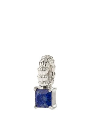 Silver charm with a beaded loop and a square deep blue gemstone held by four prongs hanging from it.